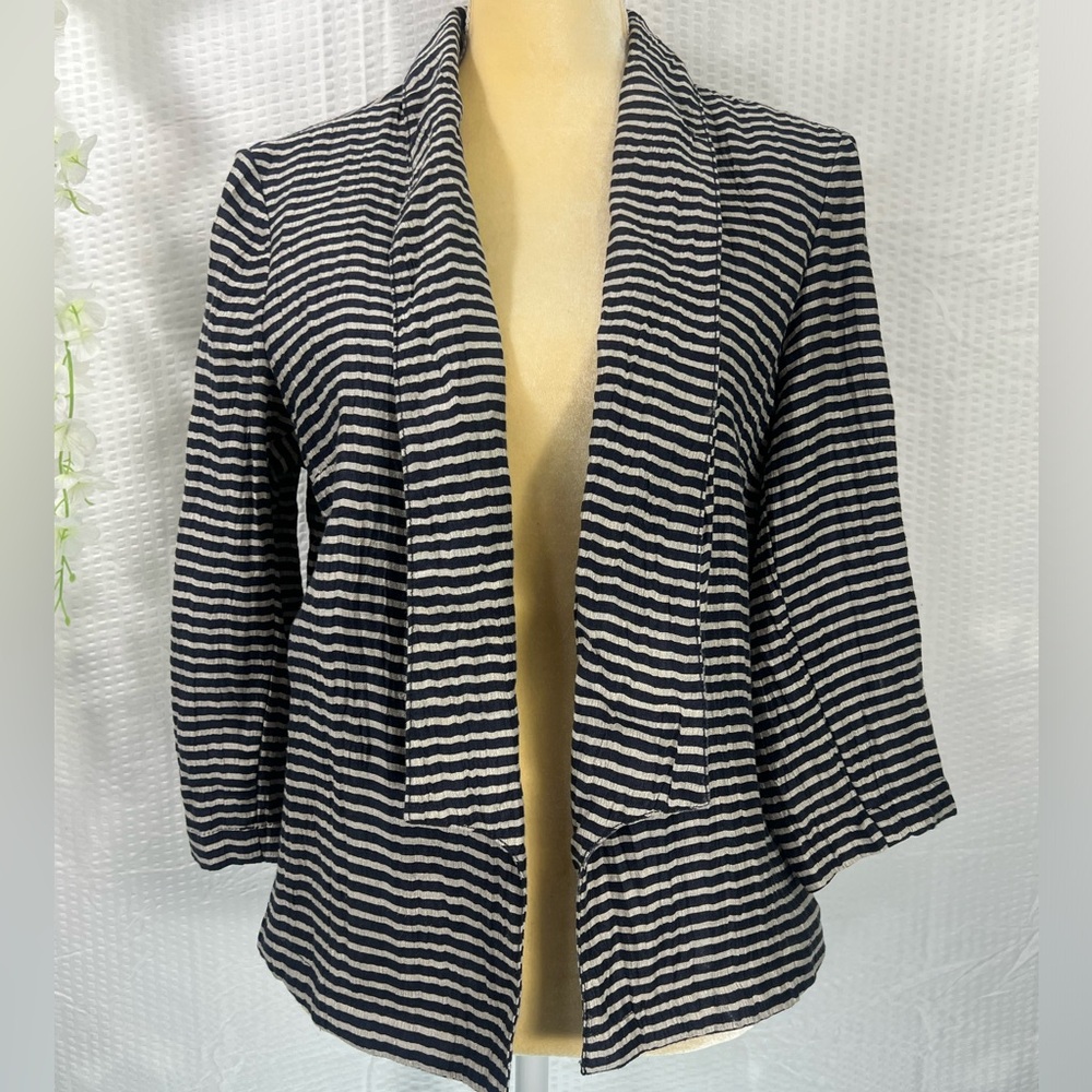 ANN TAYLOR LOFT, Linen Blazer Jacket Size 6 blue and Gray Stripes chic